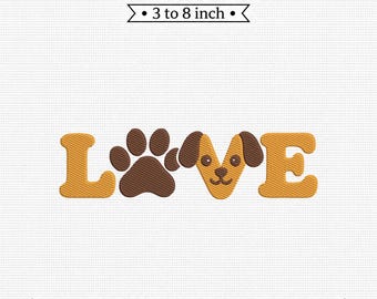 Dog Love Typography Embroidery File: Paw Print, Puppy Face (Digital Download)