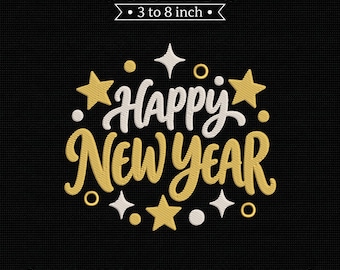 Happy New Year Gold Silver Script Stars PES DST JEF Machine Embroidery File