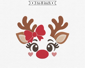 Festive Reindeer Face Red Bow Antlers Christmas PES DST JEF Machine Embroidery File