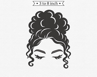 Messy Bun Girl Eyelashes Afro Curly Hair Silhouette PES DST JEF Machine Embroidery File