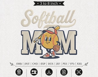 Peut inclure: Un motif de broderie avec le texte 9 SIZES 3 to 8 inch et Softball MOM, incluant un personnage de balle de softball tenant une batte et portant un gant. En dessous figurent les formats EMB, DST, CND, EXP, HUS, JEF, PES, VP3, XXX et icônes.