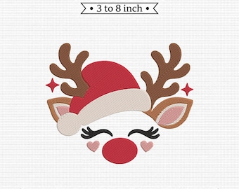 Festive Reindeer Face Santa Hat Christmas Holiday PES DST JEF Machine Embroidery File