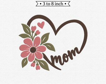 Mom Floral Heart Floral Frame Script Mothers Day PES DST JEF Machine Embroidery File