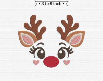 Reindeer Face Red Nose Antlers Christmas PES DST JEF Machine Embroidery File
