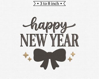 Happy New Year Bow and Stars Dark Typography PES DST JEF Machine Embroidery File