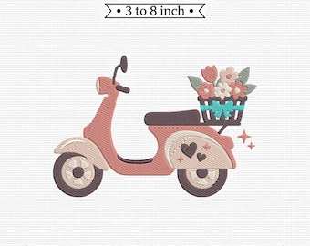 Vintage Scooter Flower Basket Retro Travel PES DST JEF Machine Embroidery File