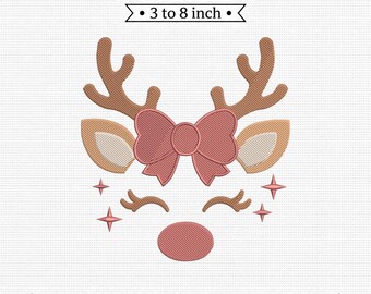 Reindeer Girl Face Pink Bow Antlers Christmas PES DST JEF Machine Embroidery File