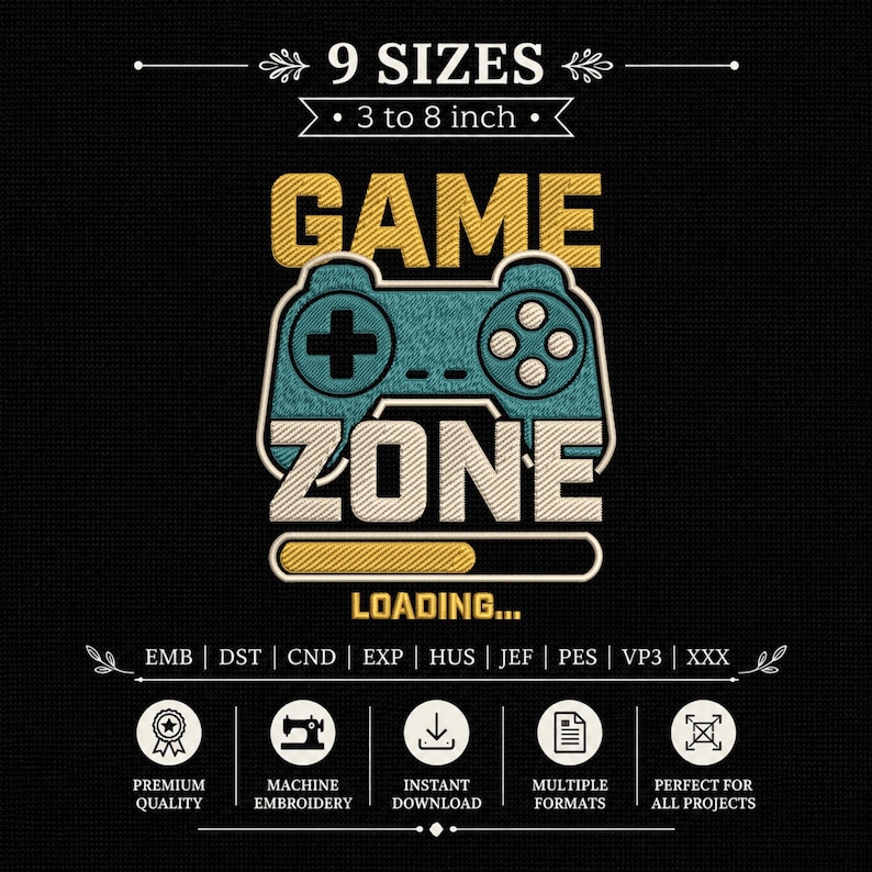 game zone embroidery design, video game stitch pattern, gamer boy embroidery, gaming controller stitch file, loading screen embroidery, machine embroidery file, PES DST JEF pattern, digital embroidery, teen boy gamer apparel, arcade game design, video game lover
