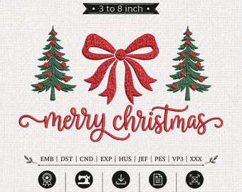 Christmas Trees And Red Bow Holiday Machine Embroidery Stitch Pattern Pes Dst File