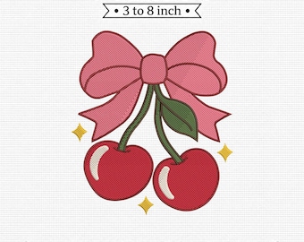 Cherries Ribbon Bow Pink Red Fruit Coquette PES DST JEF Machine Embroidery File