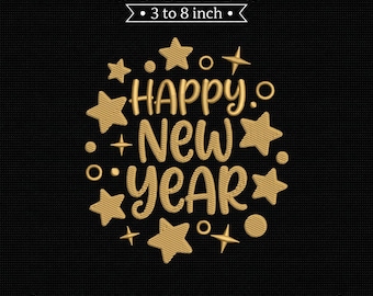 Happy New Year Gold Stars Typography PES DST JEF Machine Embroidery File