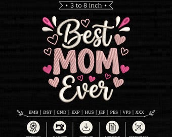 Mom Ever Hearts Typography Machine Embroidery Pes Dst File