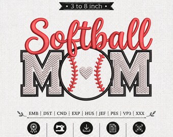Peut inclure: Un motif de broderie numérique avec le texte Softball MOM en rouge et gris, incluant un graphique de balle de softball remplaçant la lettre O. Le design affiche 9 SIZES 3 to 8 inch, les formats EMB, DST, CND, EXP, HUS, JEF, PES, VP3, XXX et icônes.