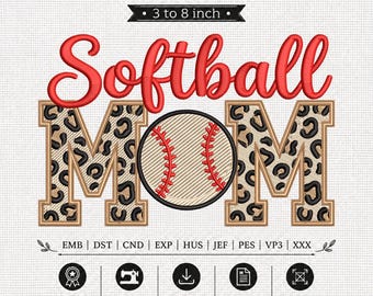 Peut inclure: Un fichier de broderie avec le texte rouge Softball au-dessus du mot MOM, où le O est remplacé par un graphique de baseball. Les lettres M sont remplies d'un motif léopard beige et noir. Inclut 9 tailles de 7,62 à 20,32 cm.
