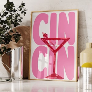 Plakat Cin Cin Print, plakat retro z winem, kolorowe szklanki do napojów, sztuka ścienna, sztuka na wózku barowym, szkic vintage Cocktail, wydruk Santa Prost