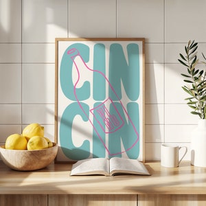 Plakat Cin Cin Print, plakat retro z winem, kolorowe szklanki do napojów, sztuka ścienna, sztuka na wózku barowym, sztuka vintage ze szkicem koktajlowym i winem, prezent dla najlepszej przyjaciółki