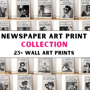 トレンディな新聞プリントセット、レトロなウォールアートセット、ホットガールズポスター、ヴィンテージバーカートアート、ガーリーな寮のアパートの美的アート、即時ダウンロード