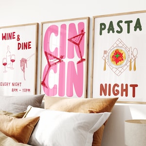 Wine & Dine Club retro eten print, trendy cin Cin bar winkelwagen kunst, cocktail print, pastaliefhebber print set, grappig eten keuken muurkunst poster