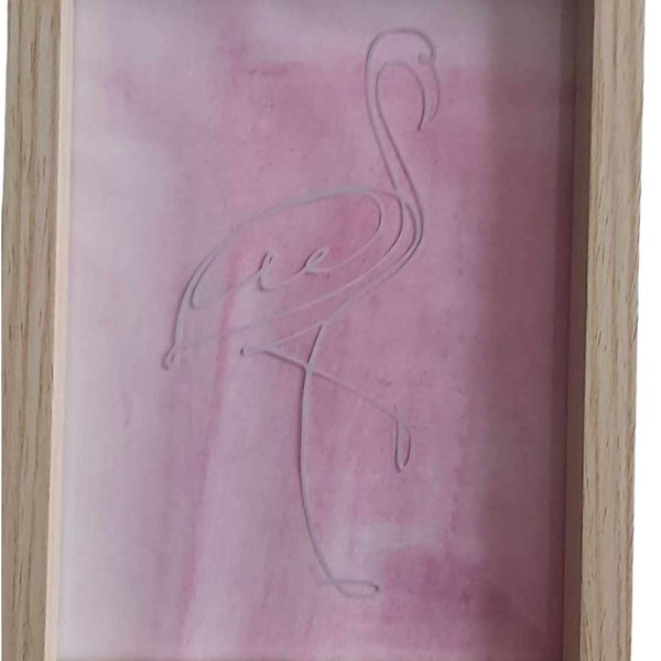 Tableau A5, Cadre effet bois, fond rose, motif flamant rose, animaux, sauvage