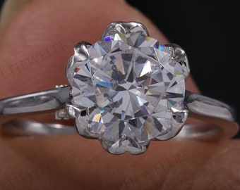 Round Moissanite Diamond Engagement Ring, Petal Prong Ring, Lotus Prong Six Prong Round Moissanite Diamond Engagement Ring Gift For Her