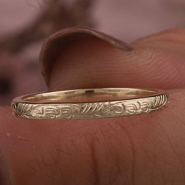 Vintage Wedding band, 14K Gold Wedding Band, Floral Wedding Band, Antique Wedding band, Pattern Band, Thin Gold Ring, personalized gift.