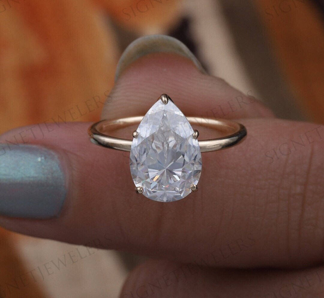 3 CT Pear Shape Lab Grown Diamond Engagement Ring / 5 Prong Tear CVD ...