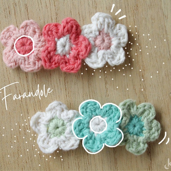 2 Barrettes à cheveux au crochet 3 fleurs, pinces à pression pour petits et grands faites à la main en fil de coton corail et bleu turquoise