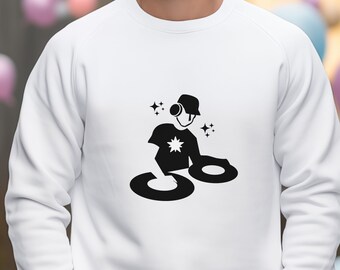 May include: White sweatshirt with a black silhouette of a DJ wearing headphones and mixing music on turntables.