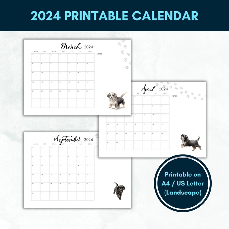 2024 Monthly Planner Printable Dog Calendar Landscape Etsy