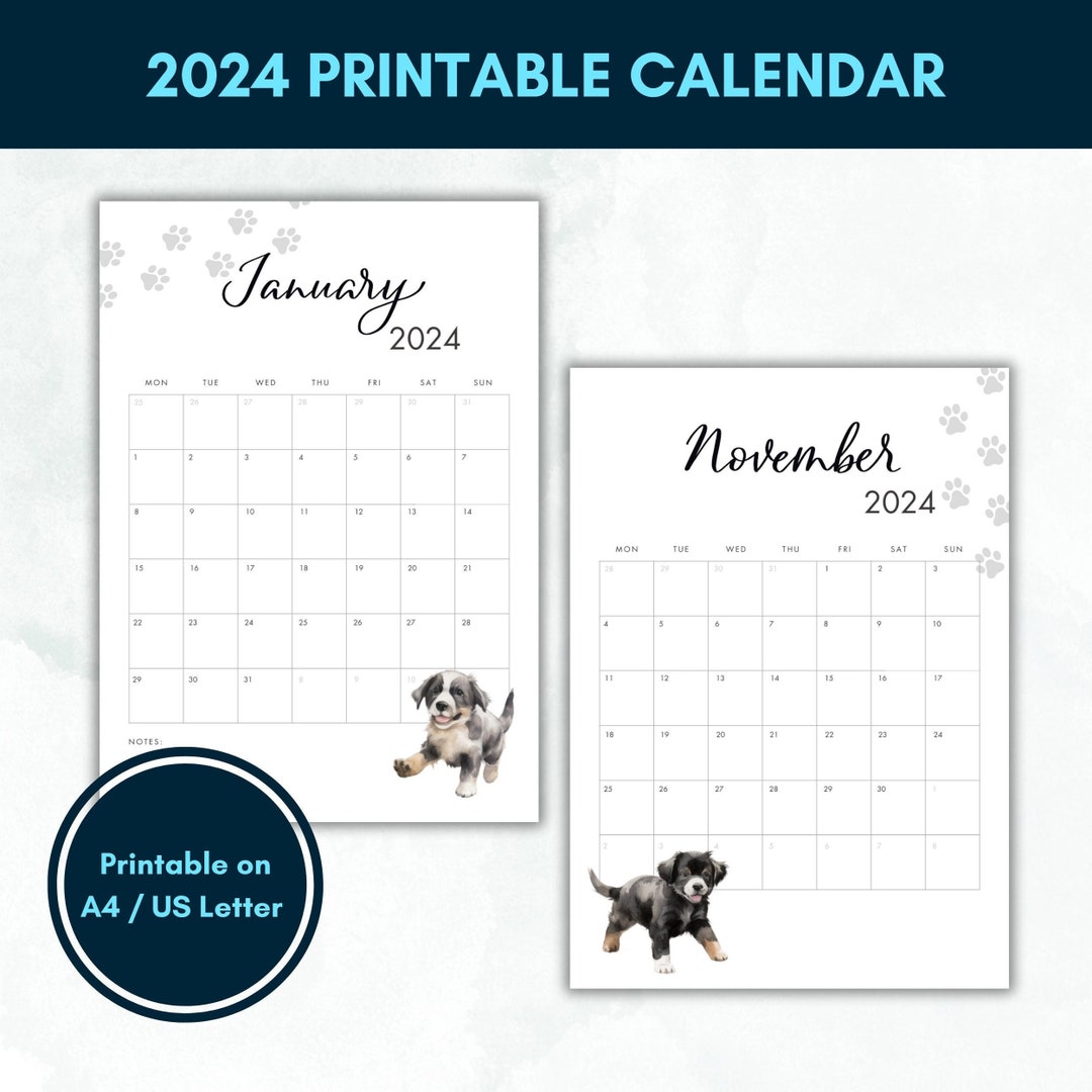 2024 Monthly Planner Printable Dog Calendar Minimalist Etsy