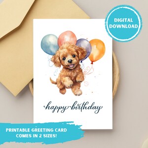 Carte d’anniversaire caniche, salutation numérique, mignon Cavapoo Goldendoodle chiot chien aquarelle art calligraphie à la main, téléchargement PDF imprimable instantané