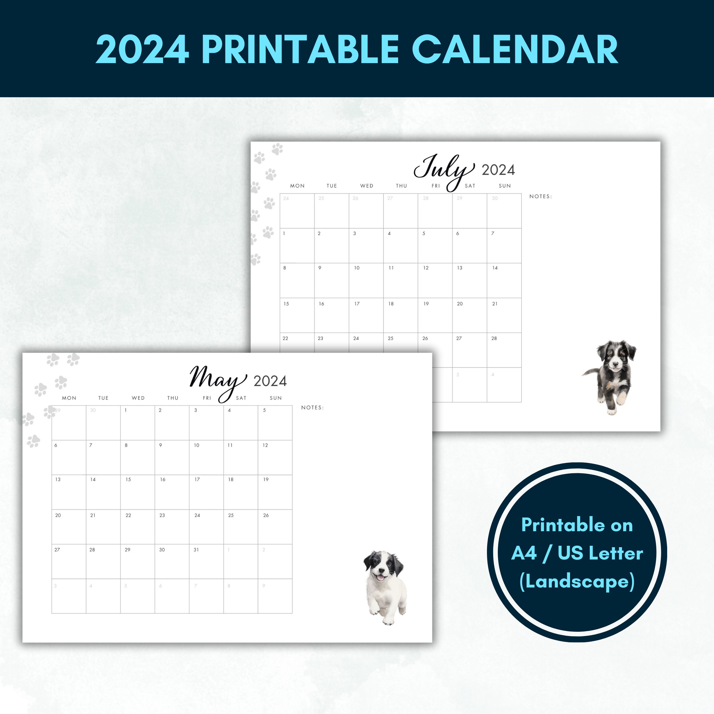 2024 Monthly Planner Printable Dog Calendar Landscape Etsy