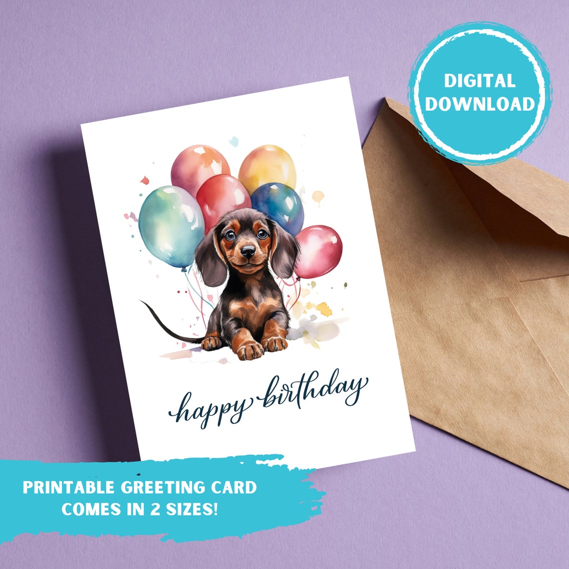 Dachshund Happy Birthday Card, Digital Greeting, Sausage Dog Puppy ...