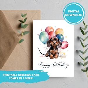 Dackel Happy Birthday Karte, digitaler Gruß, Dackel Aquarell Kunst Hand Kalligraphie, sofort druckbare PDF Download