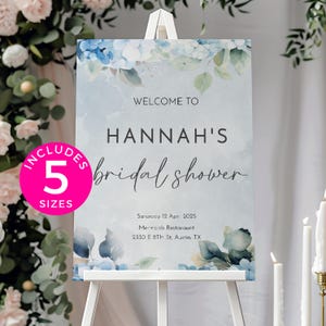 Blue Hydrangea Bridal Shower Welcome Sign, Dusty Blue Floral Sign, Something Blue Welcome Sign 5 sizes, Editable Instant Download BL22