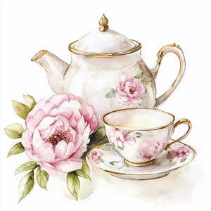 Puede incluir: Ilustración en acuarela de un juego de té blanco con motivos florales rosas y ribetes dorados. El juego incluye una tetera, una taza y un platillo. También se muestra una gran peonía rosa y hojas verdes.