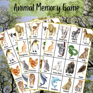 May include: A colourful set of animal memory game cards featuring illustrations of animals such as a lion, penguin, kangaroo, koala, snake, dog, cat, chicken, polar bear, gorilla, eagle, tiger, humpback whale, dolphin, rabbit, and cheetah. The cards are arranged in a grid pattern with each animal appearing twice.