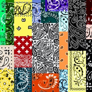 Puede incluir: Un mosaico de pañuelos bandana en varios colores y patrones. La imagen presenta cuadrados de pañuelos verdes, amarillos, rojos, negros y blancos, cada uno con diseños únicos de cachemir y florales. La estética general es una mezcla de estilos clásicos y modernos.