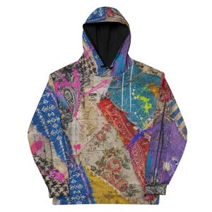 Sudadera con capucha y patchwork estilo bandana urbana – Estilo urbano vintage con estampado floral y grafitis.