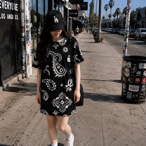 Bandana T-shirt dress - Black and Cream Paisley Minidress