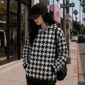 Houndstooth Unisex Cotton Hoodie, Streetwear Pullover