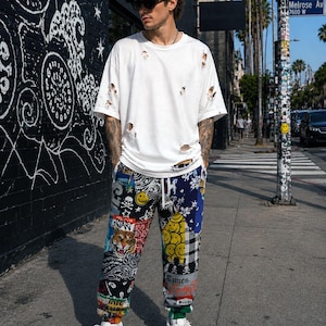 Patchwork Sticker Collage Joggers | Athletic Pants, Bandana & Skull Graphics
