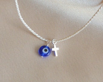 Sterling Cross + Evil Eye Silk String Necklace. Catholic Christian jewelry for her him them. Protection amulet talisman. Red string strand.