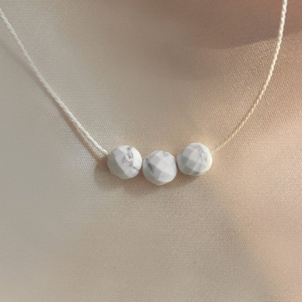 Howlite + Silk Necklace. Real silk and howlite mineral jewelry. Faceted howlite beads. Crystal energy: calming, balance, memory, knowledge.