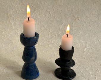 Pair of small blue and black handmade ceramic candle holders