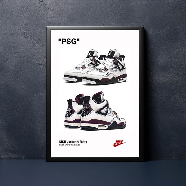 Nike Air Jordan 4, PSG Paris Saint Germain Printed Poster Sneakers Sport Retro A4 A3