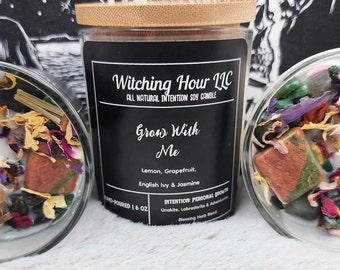 Grow With Me Intention Crystal Herbal Candle-Personal Growth Candle 6oz -Manifestation Candle-Soy Wax Candle-Ritual Manifestation Candle