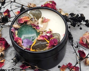 Grow With Me Intention Crystal Herbal Candle-Personal Growth Candle 2oz Tin-Manifestation Candle-Soy Wax Alter Candle-Ritual Candle