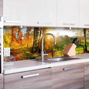 Puede incluir: Panel de salpicadero de cocina con una vibrante escena de bosque otoñal. La imagen presenta un camino a través de árboles coloridos, con la luz del sol filtrándose entre las hojas. Un grifo y un fregadero de acero inoxidable están en primer plano, con un taco de cuchillos de madera.