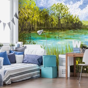 Wall mural - Oil paint of boat on lake | Mysterious | Living Room | Bedroom
